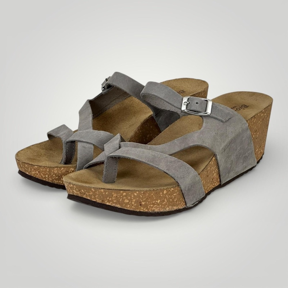 Bio-Gold Gray Suede Cork Wedge Sandals Womens 8 Italy Thong Comfort Shoes